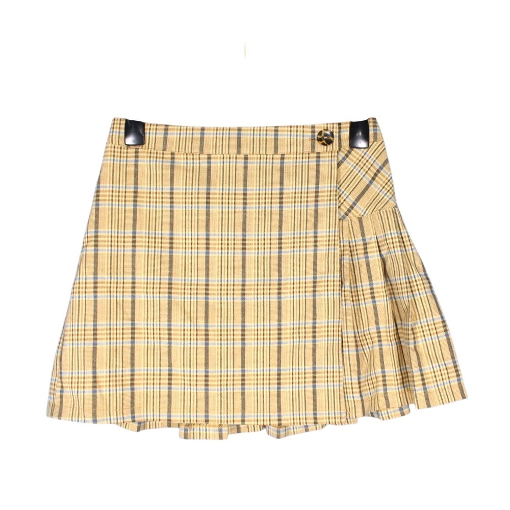 URBAN OUTFITTERS Gold Brown/Blue PLAID Pleated BUTTON Preppy WRAP MINI SKIRT M
